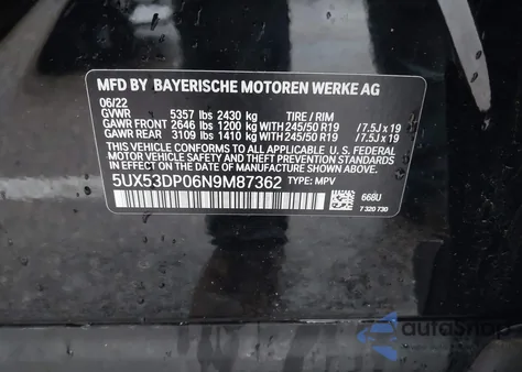 2022 BMW X3 xDrive30I из США, поврежденный, VIN 5UX53DP06N9M87362